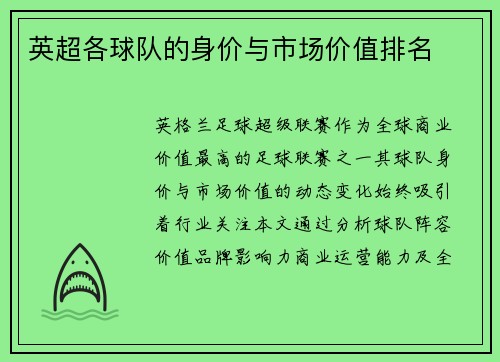 英超各球队的身价与市场价值排名