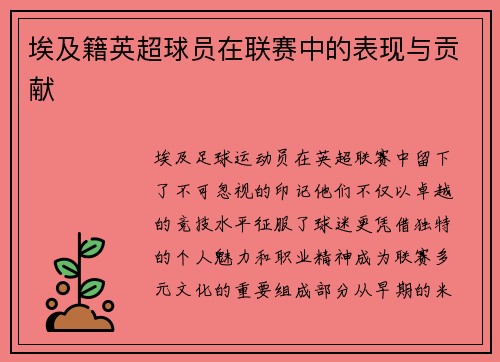 埃及籍英超球员在联赛中的表现与贡献